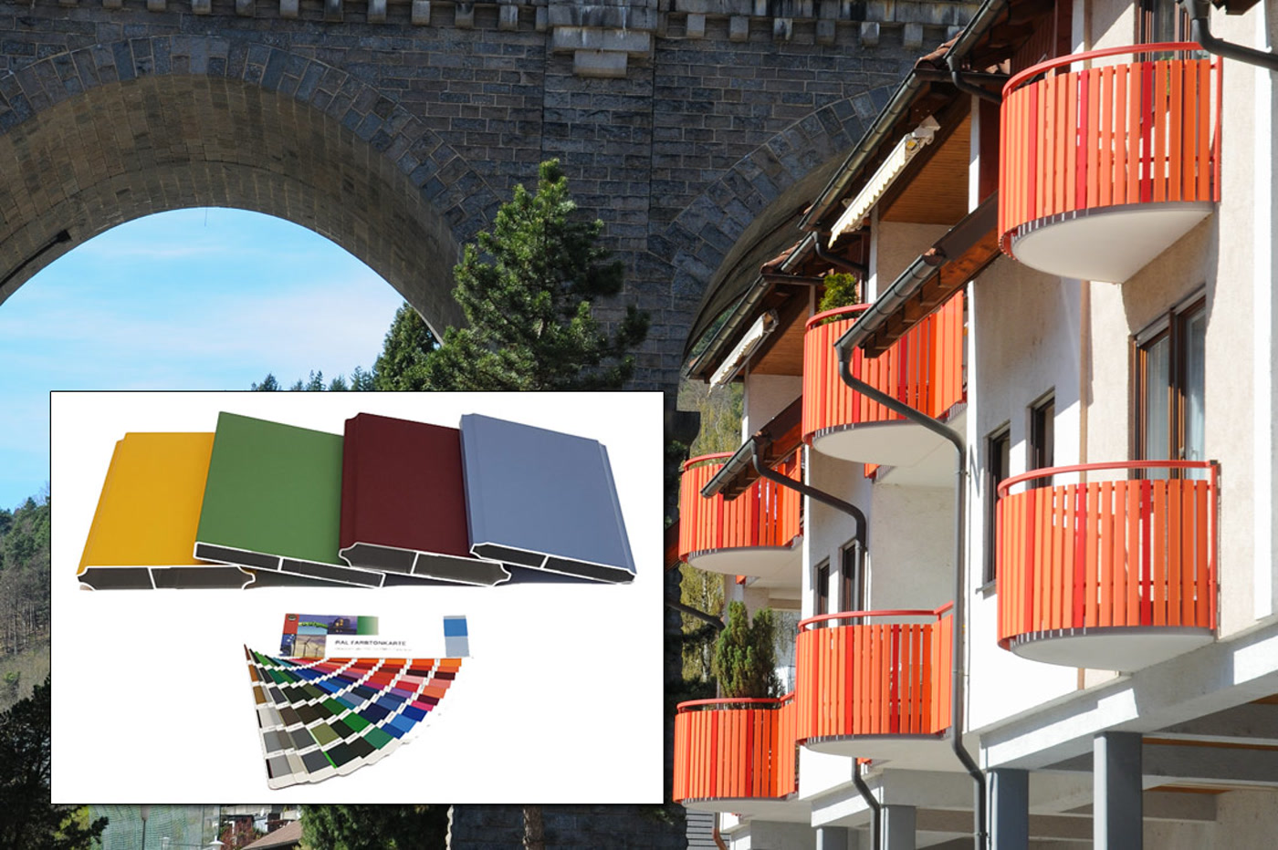 Balkone in kräftigem Orange an einem Haus, daneben Profilmuster in Gelb, Grün, Rot und Blau mit RAL-Farbkarte